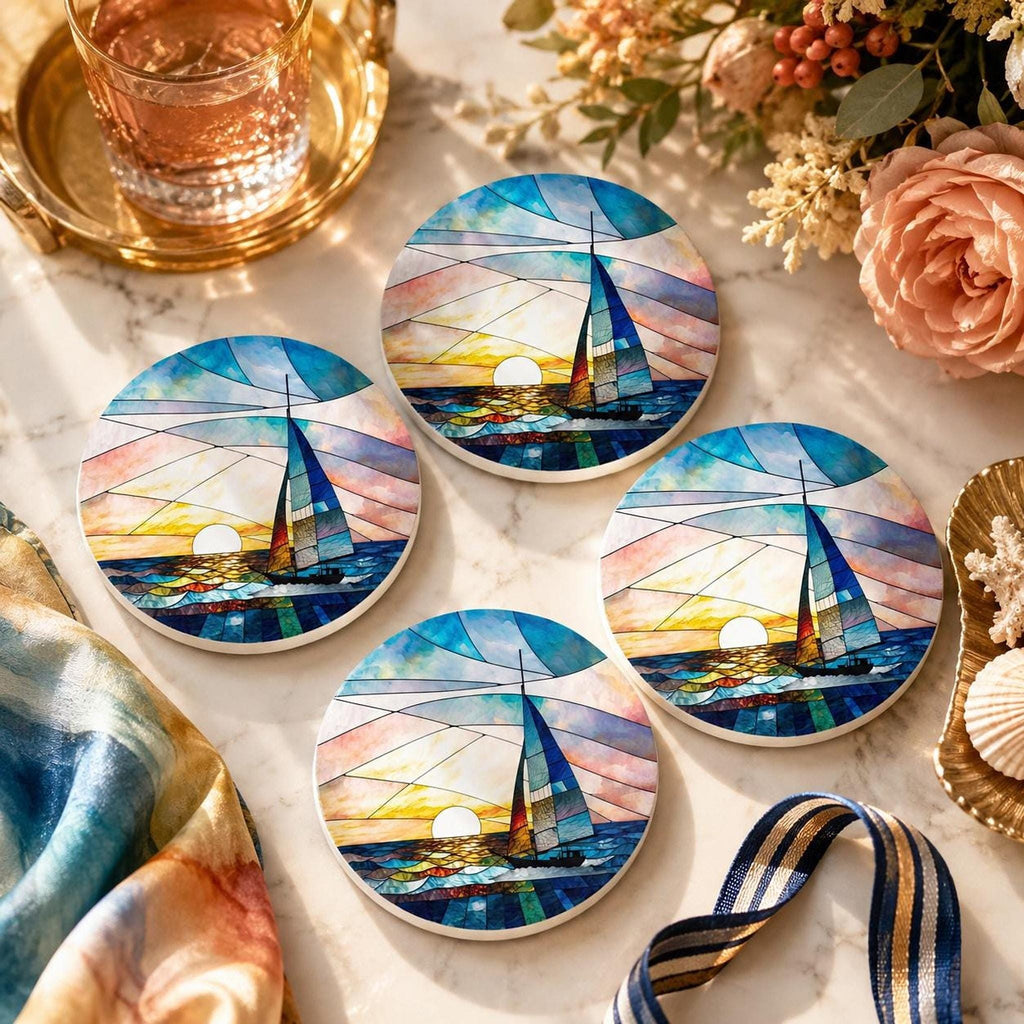 Sailboat Coaster, Round Ceramic Drink Holder with Nautical Sunset Design