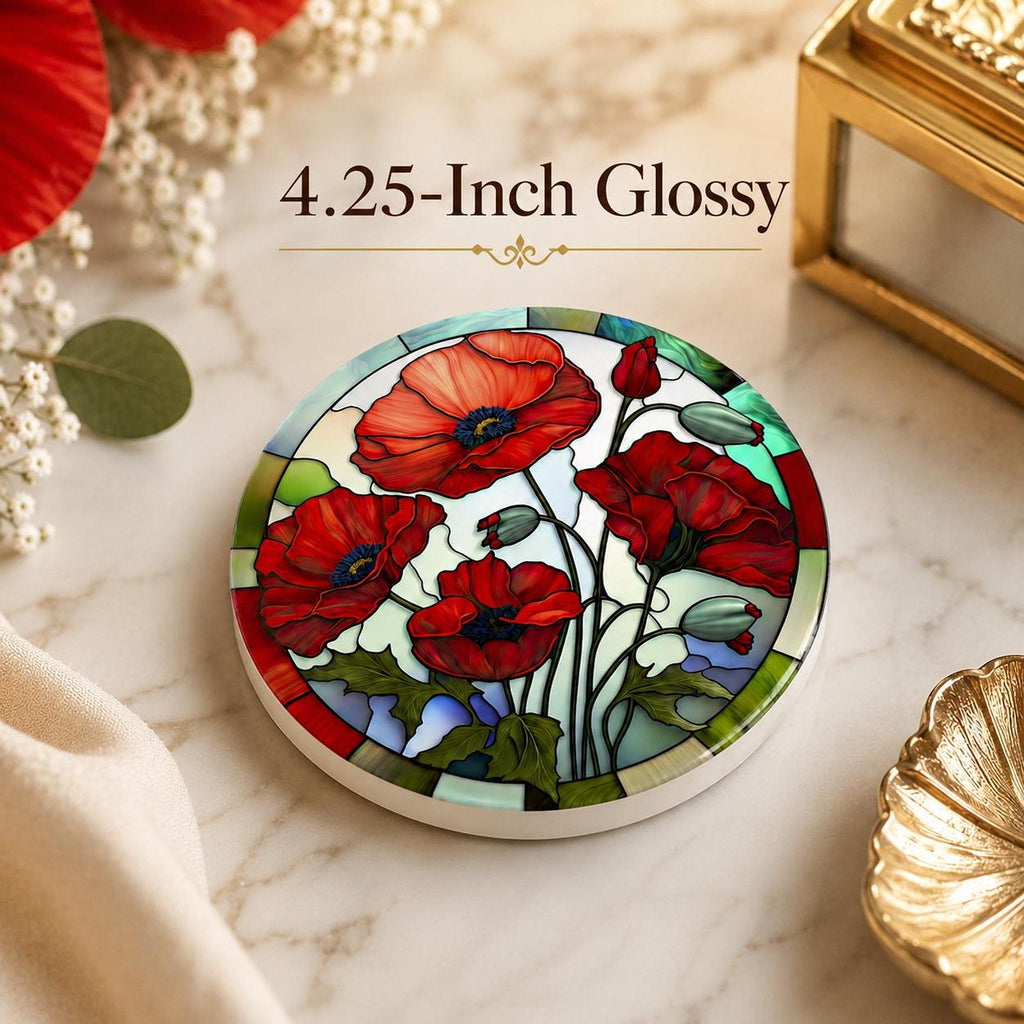 Red Poppy Coaster, Round Ceramic Drink Mat with Floral Design