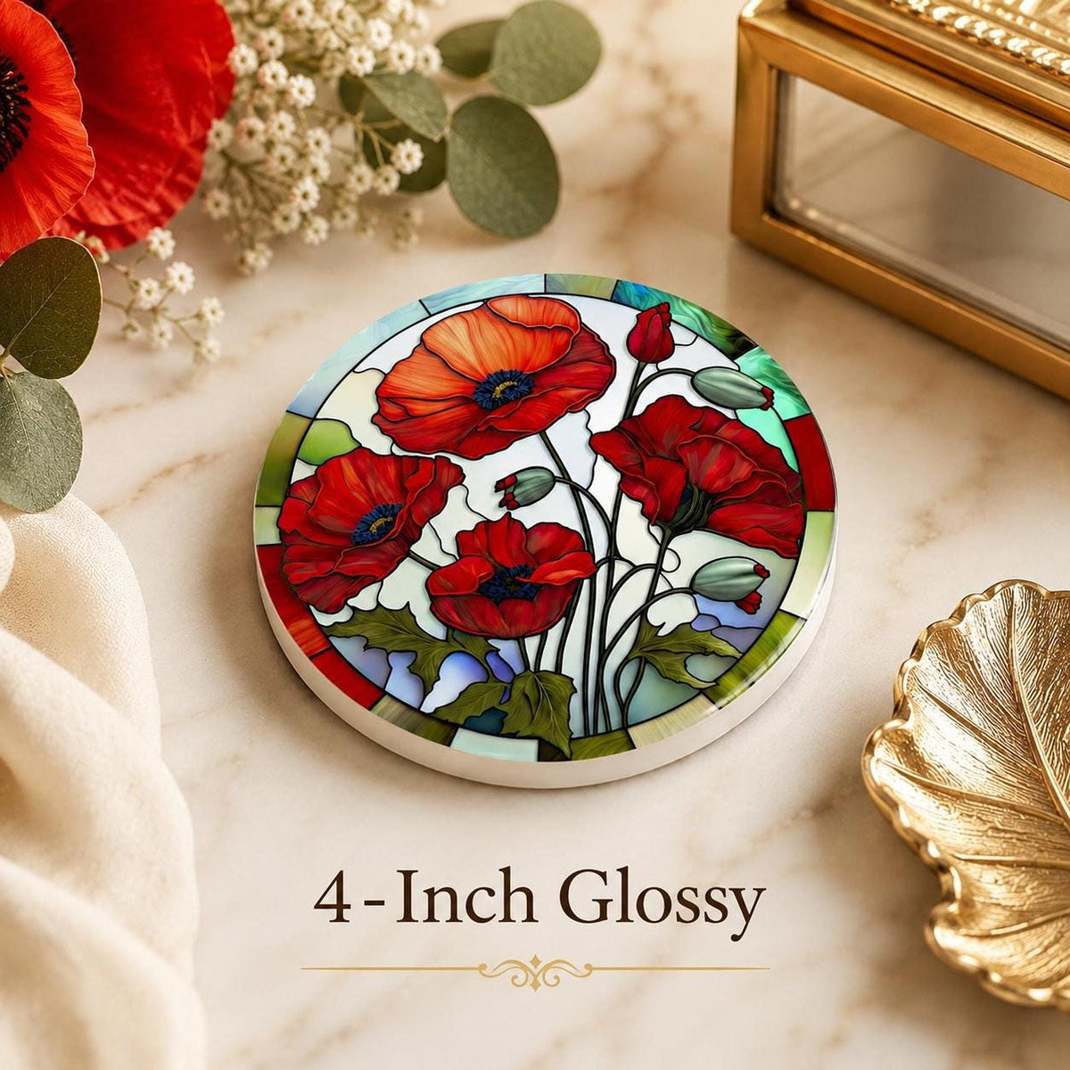 Red Poppy Coaster, Round Ceramic Drink Mat with Floral Design