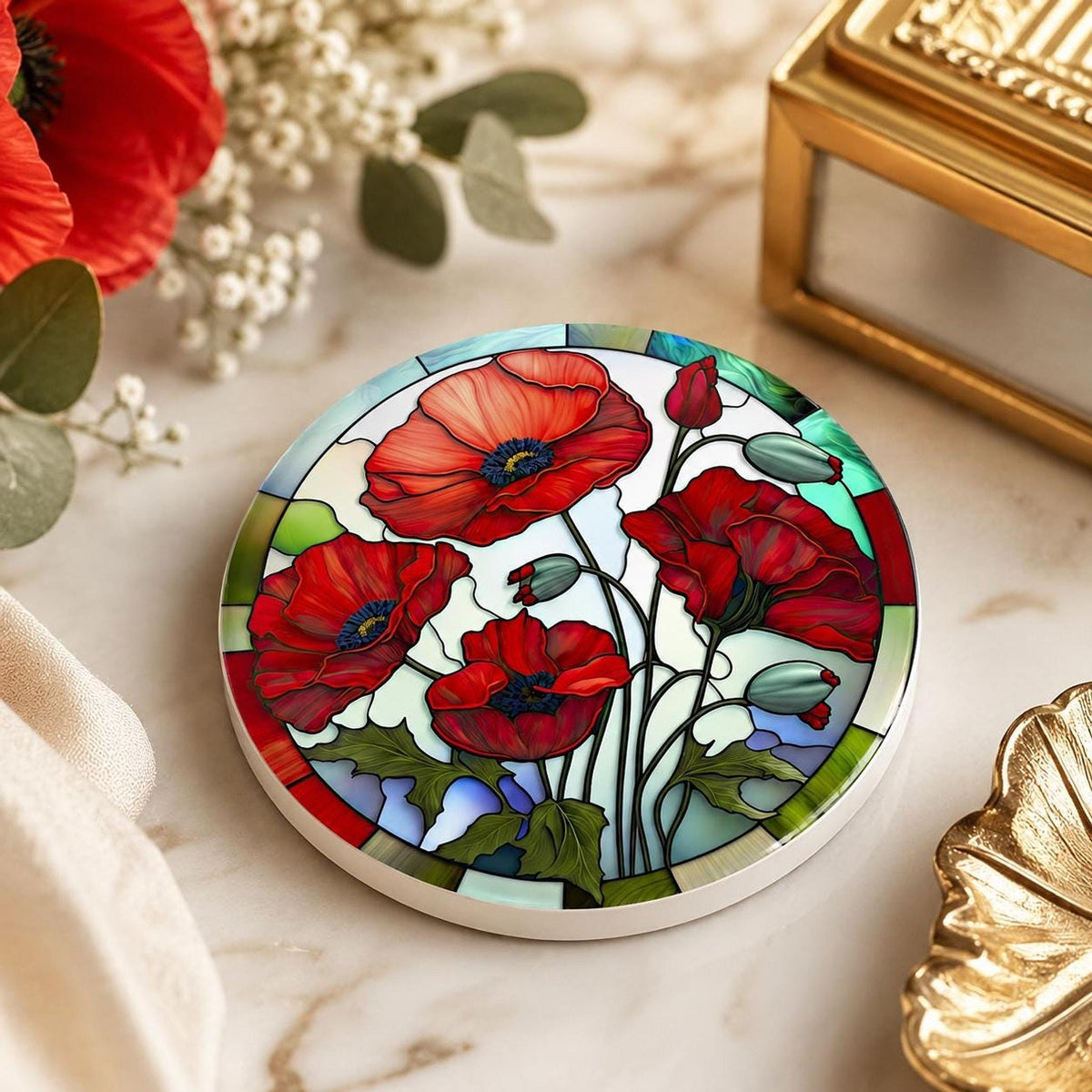 Red Poppy Coaster, Round Ceramic Drink Mat with Floral Design