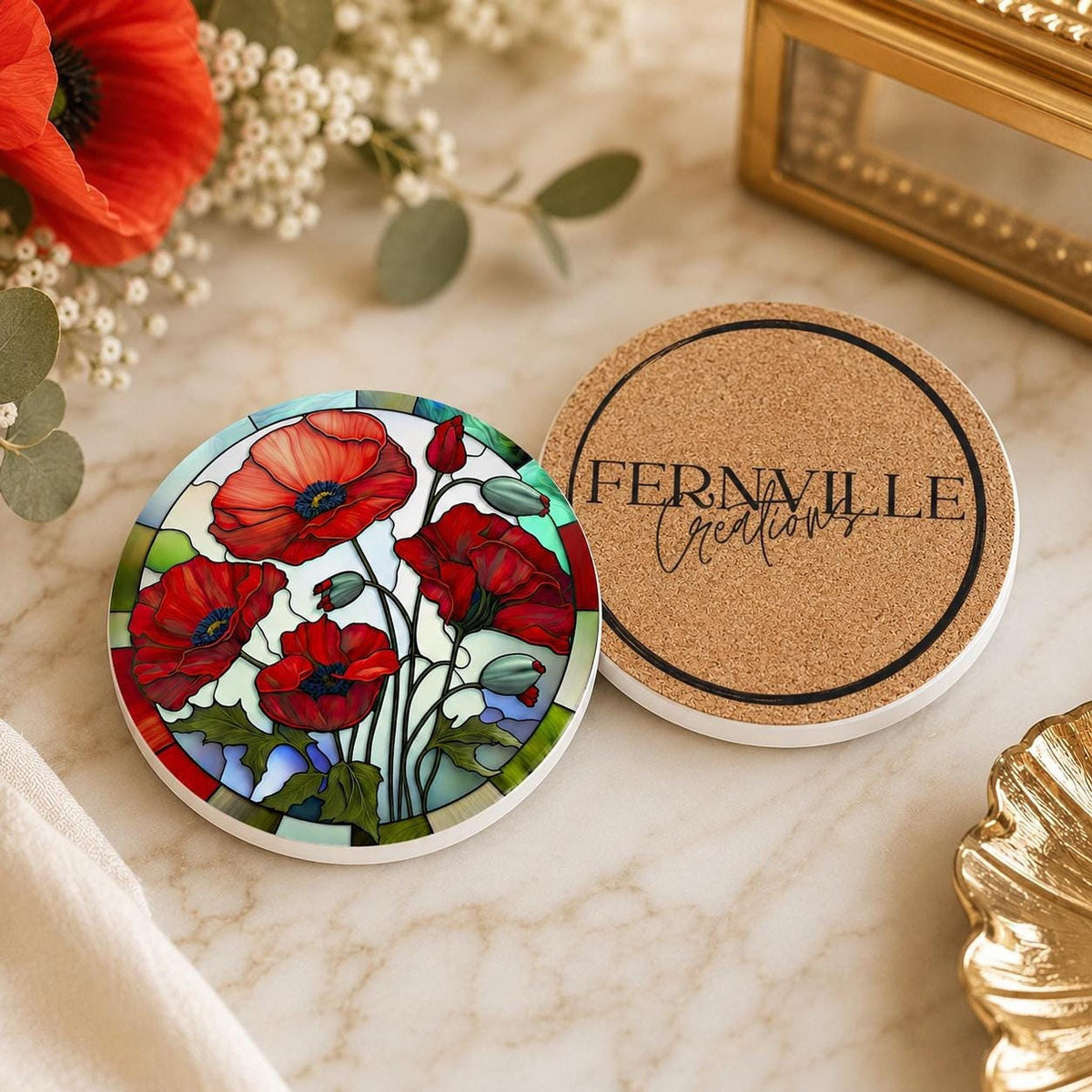 Red Poppy Coaster, Round Ceramic Drink Mat with Floral Design