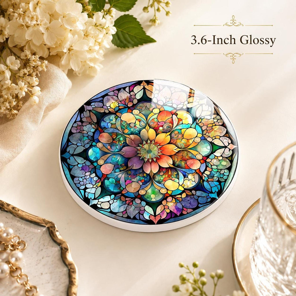 Mandala Coaster, Colorful Ceramic Drink Mat with Floral Mosaic Design