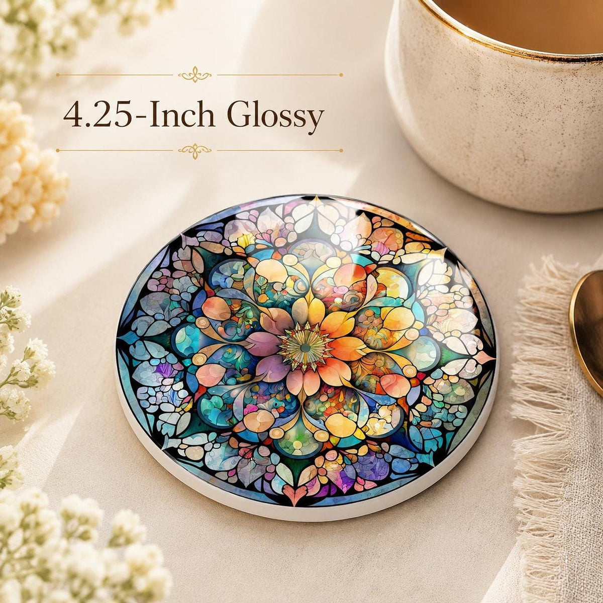 Mandala Coaster, Colorful Ceramic Drink Mat with Floral Mosaic Design