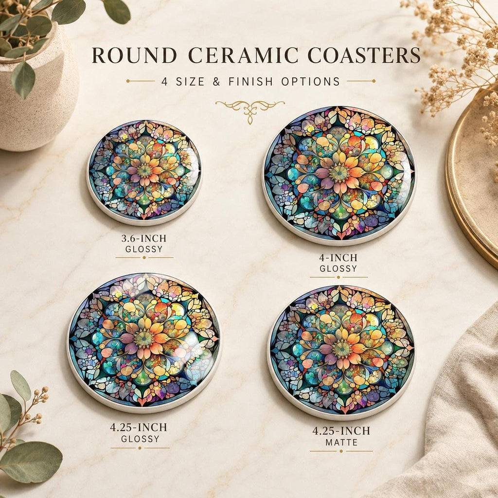 Mandala Coaster, Colorful Ceramic Drink Mat with Floral Mosaic Design