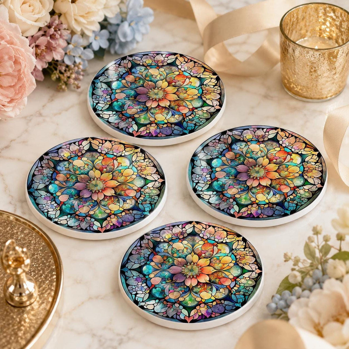 Mandala Coaster, Colorful Ceramic Drink Mat with Floral Mosaic Design