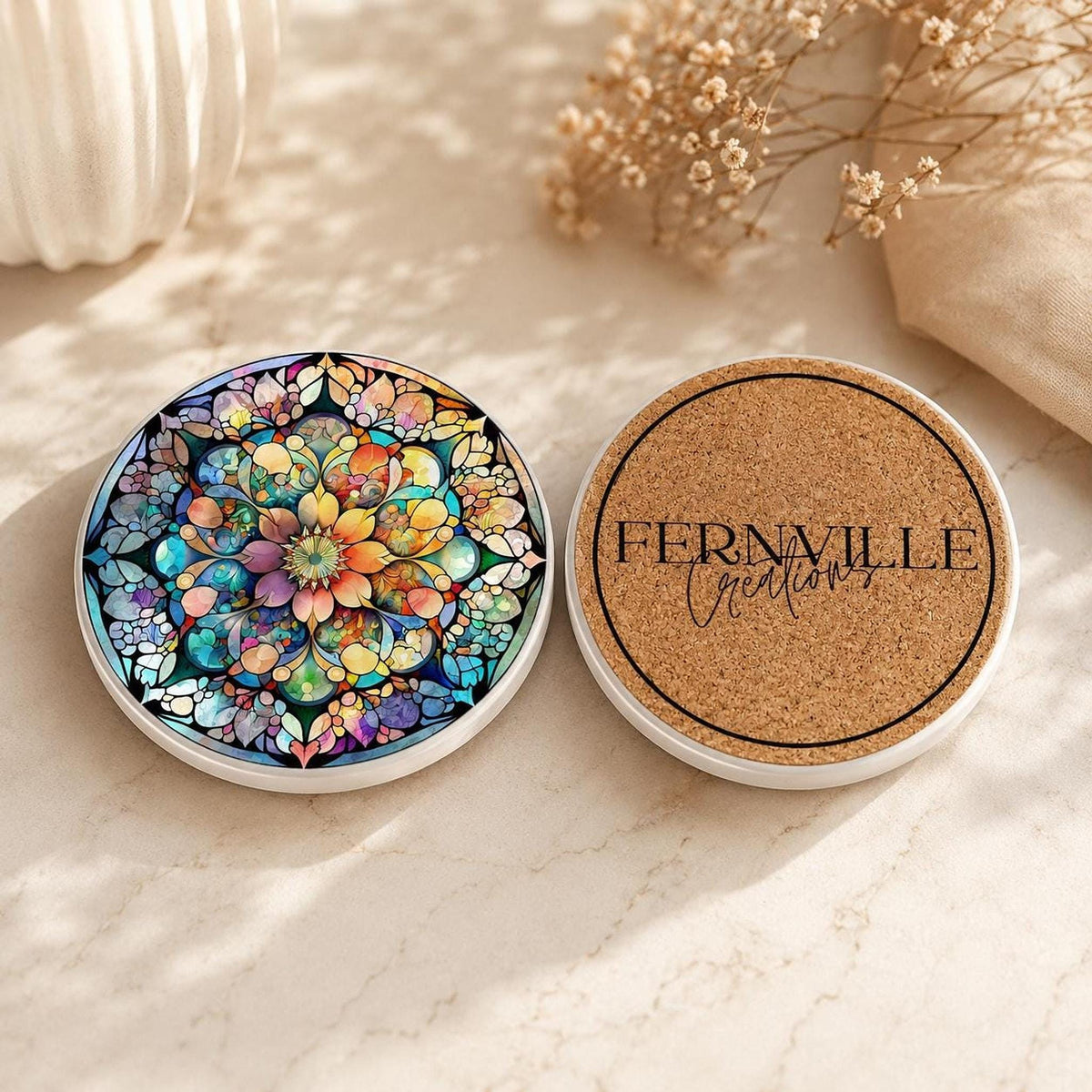 Mandala Coaster, Colorful Ceramic Drink Mat with Floral Mosaic Design