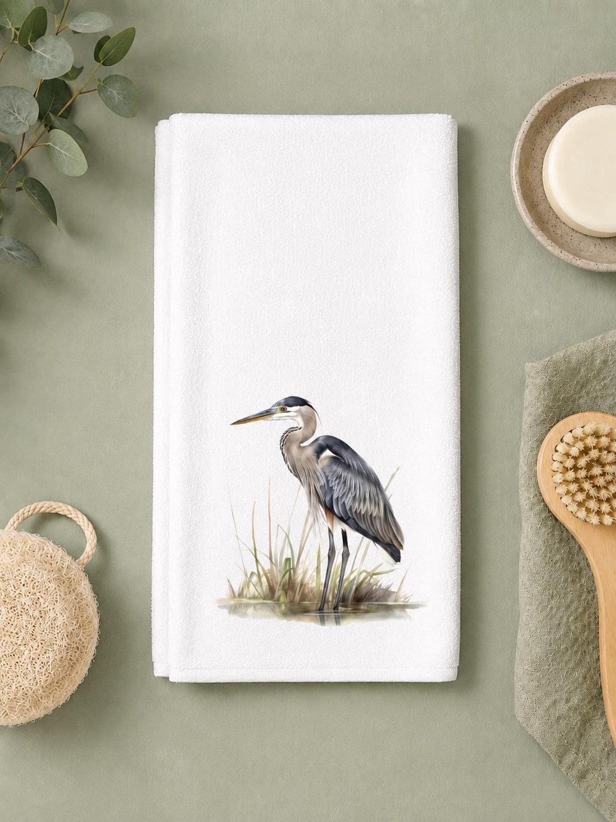Heron Towel, Blue Bird Hand for Coastal Bathroom Decor