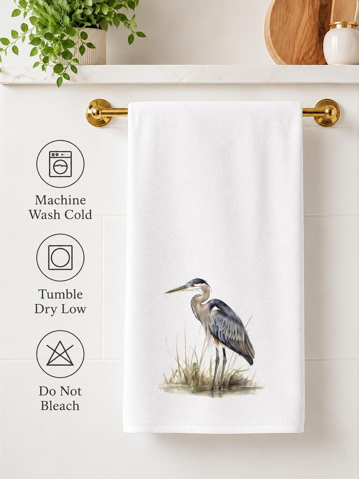 Heron Towel, Blue Bird Hand for Coastal Bathroom Decor