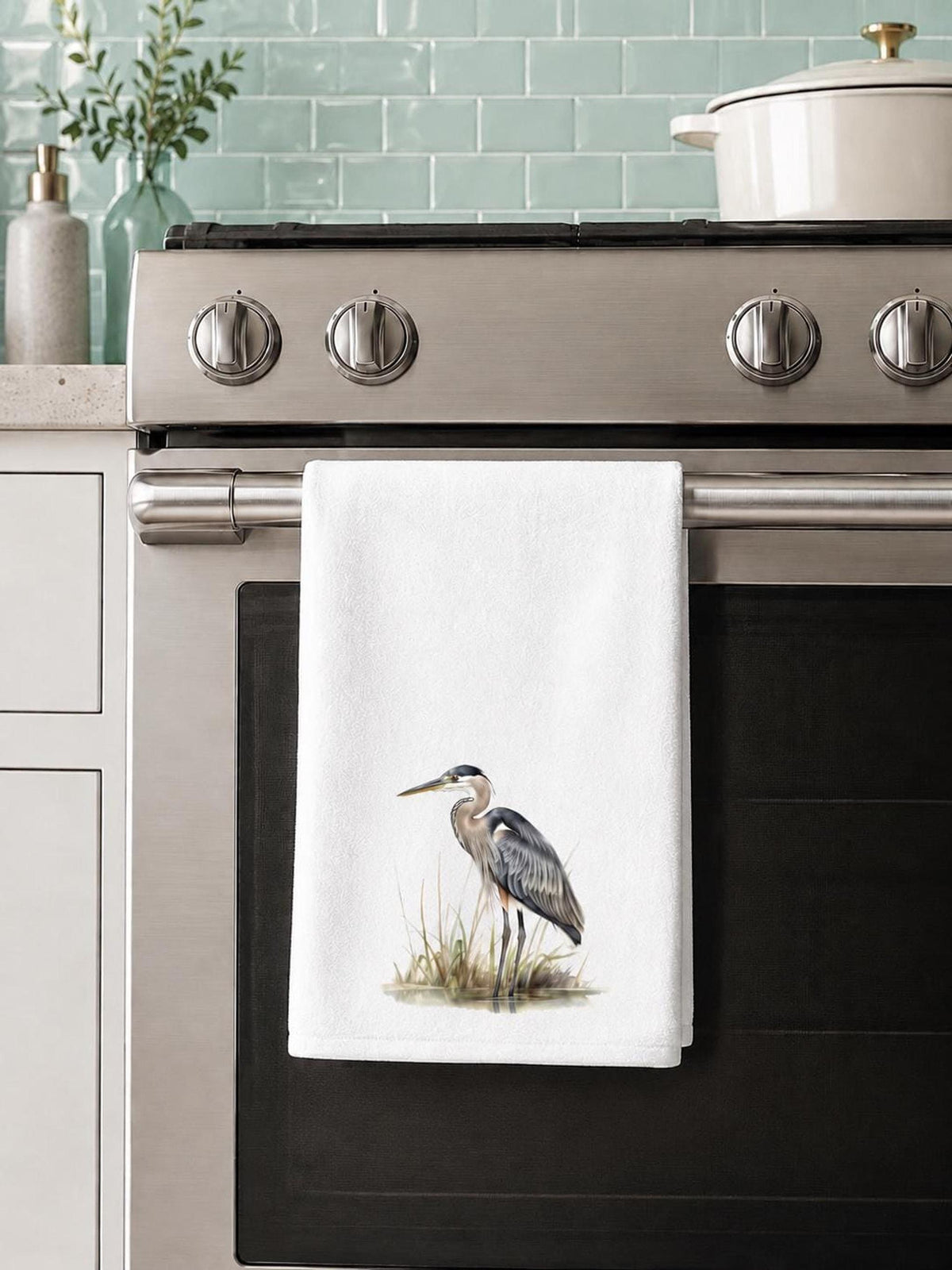 Heron Towel, Blue Bird Hand for Coastal Bathroom Decor