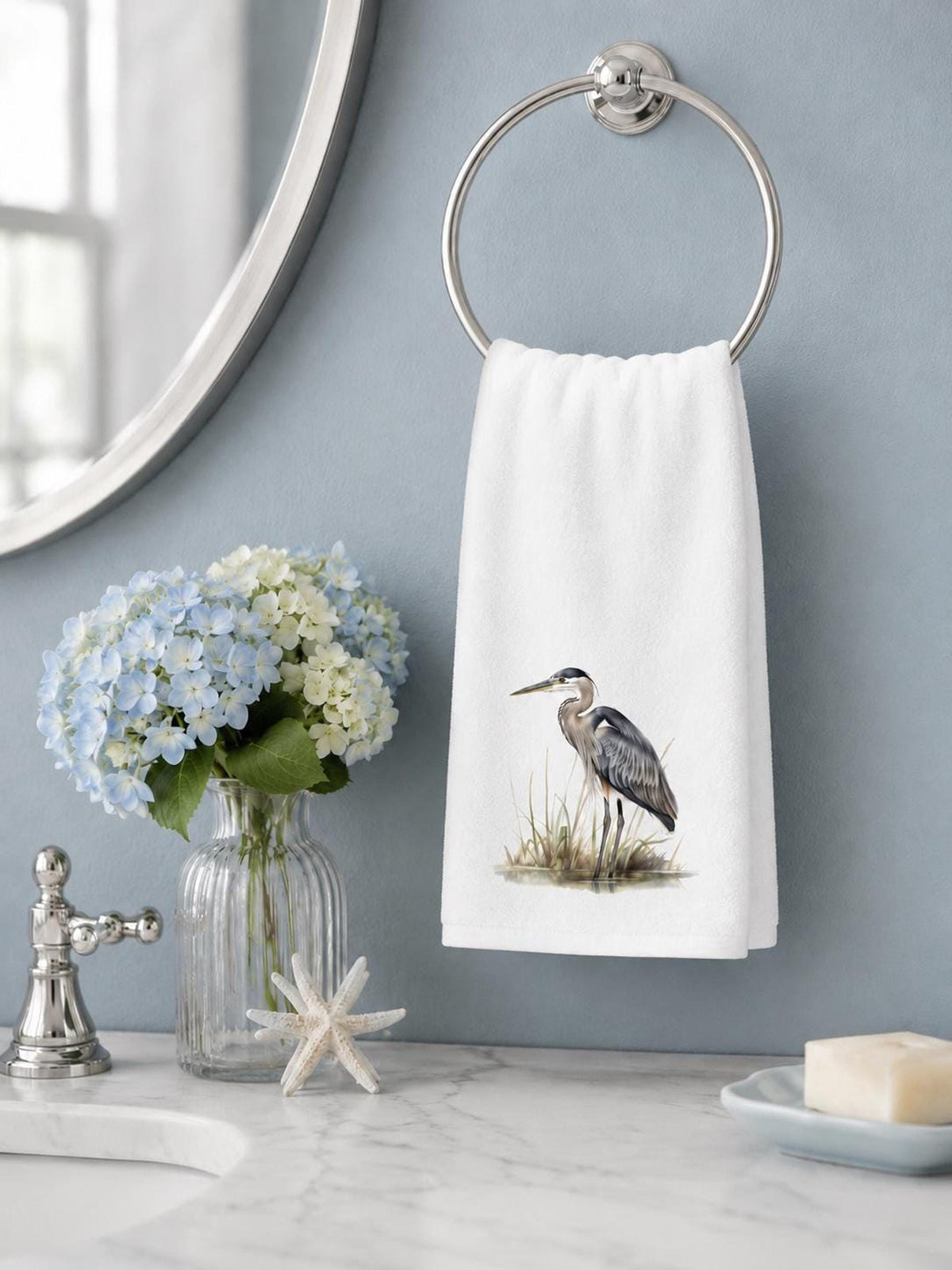 Heron Towel, Blue Bird Hand for Coastal Bathroom Decor