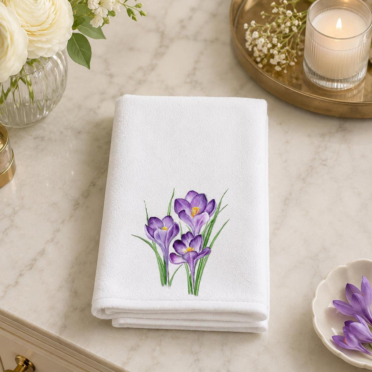 Floral Hand Towel with Purple Crocus Design, Soft Polyester & Cotton Terrycloth