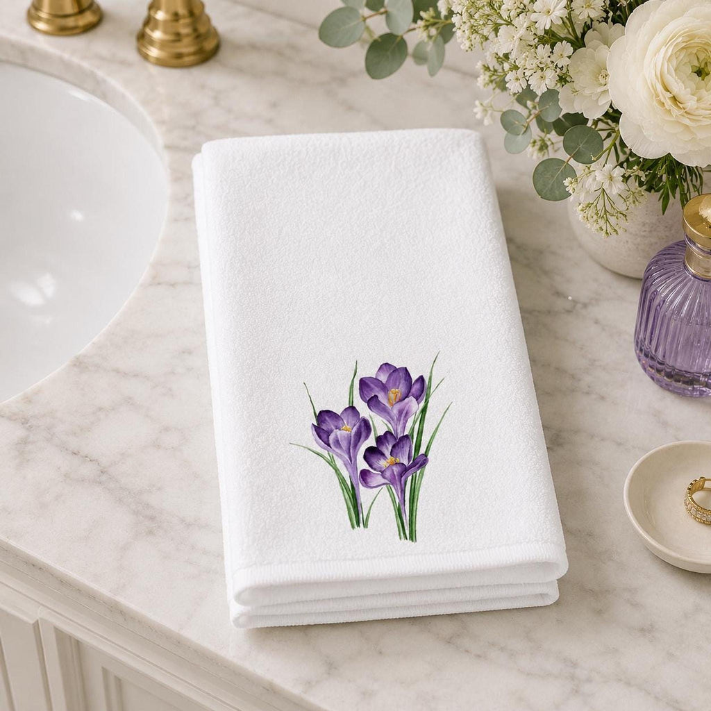 Floral Hand Towel with Purple Crocus Design, Soft Polyester & Cotton Terrycloth