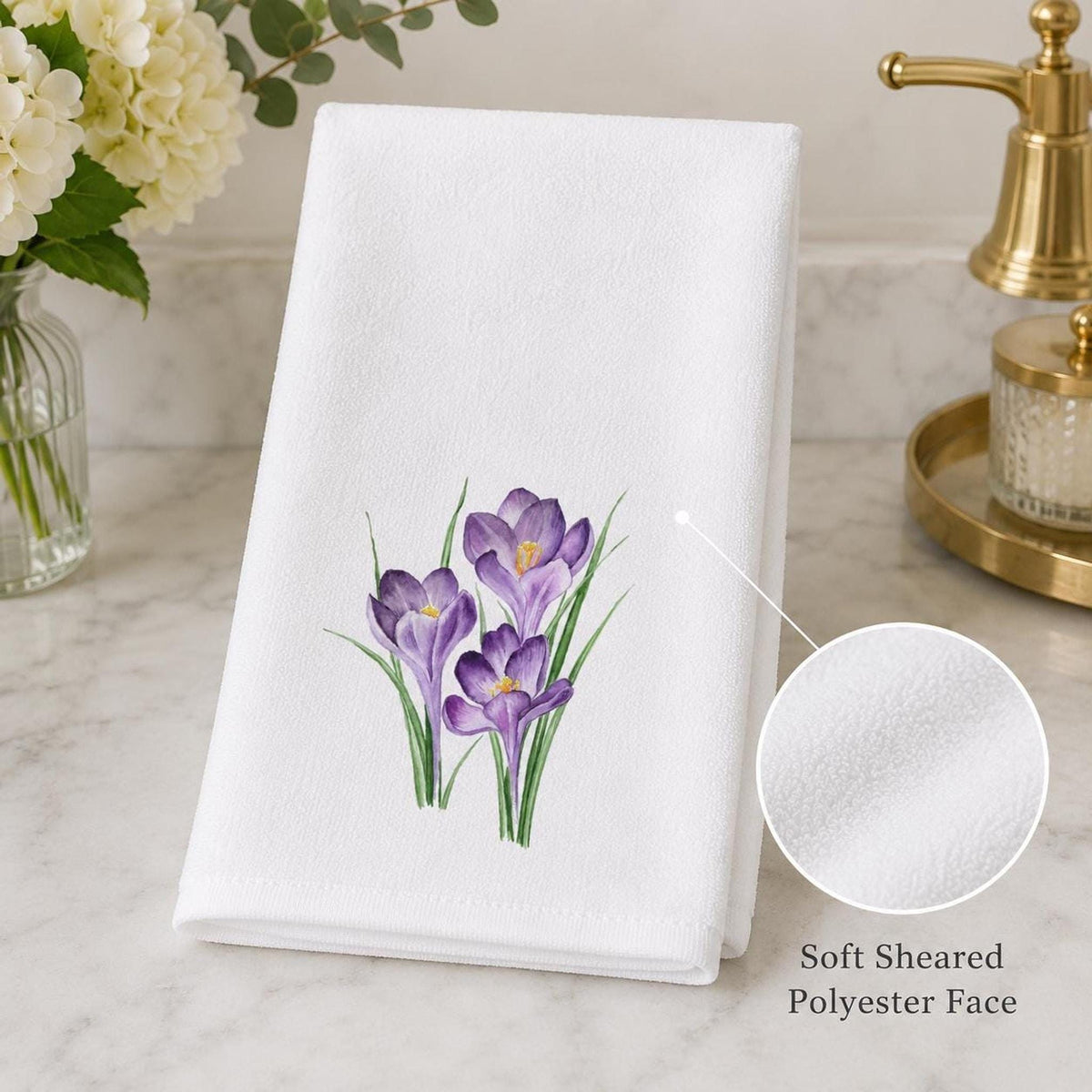 Floral Hand Towel with Purple Crocus Design, Soft Polyester & Cotton Terrycloth
