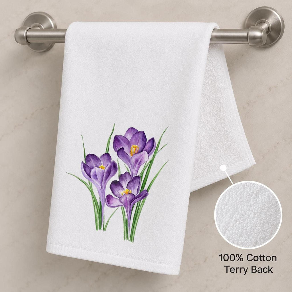 Floral Hand Towel with Purple Crocus Design, Soft Polyester & Cotton Terrycloth