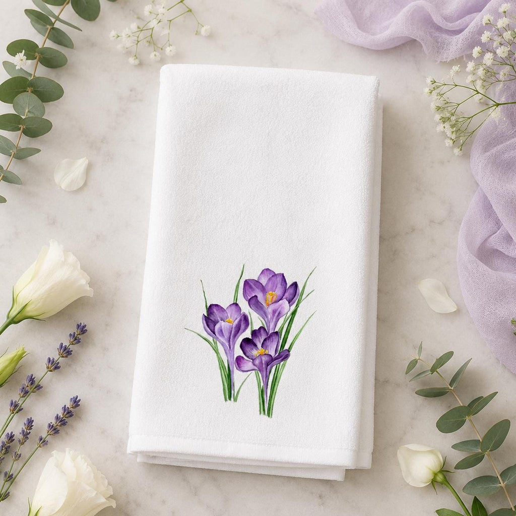 Floral Hand Towel with Purple Crocus Design, Soft Polyester & Cotton Terrycloth