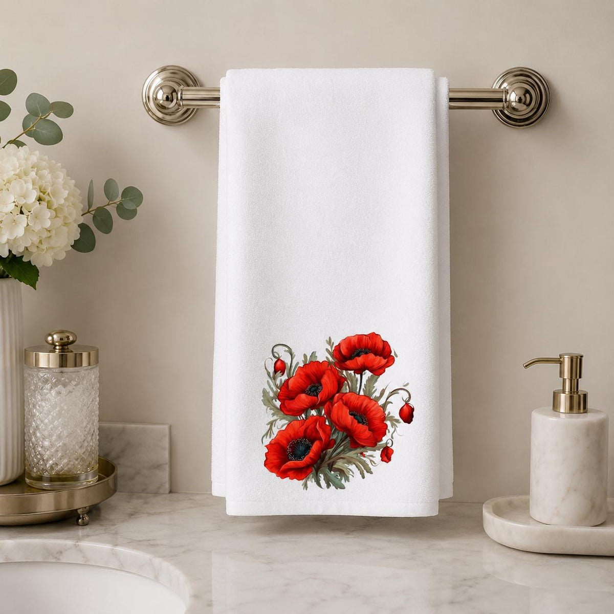 Red Poppy Hand Towel, Watercolor Floral Kitchen Bathroom Decor