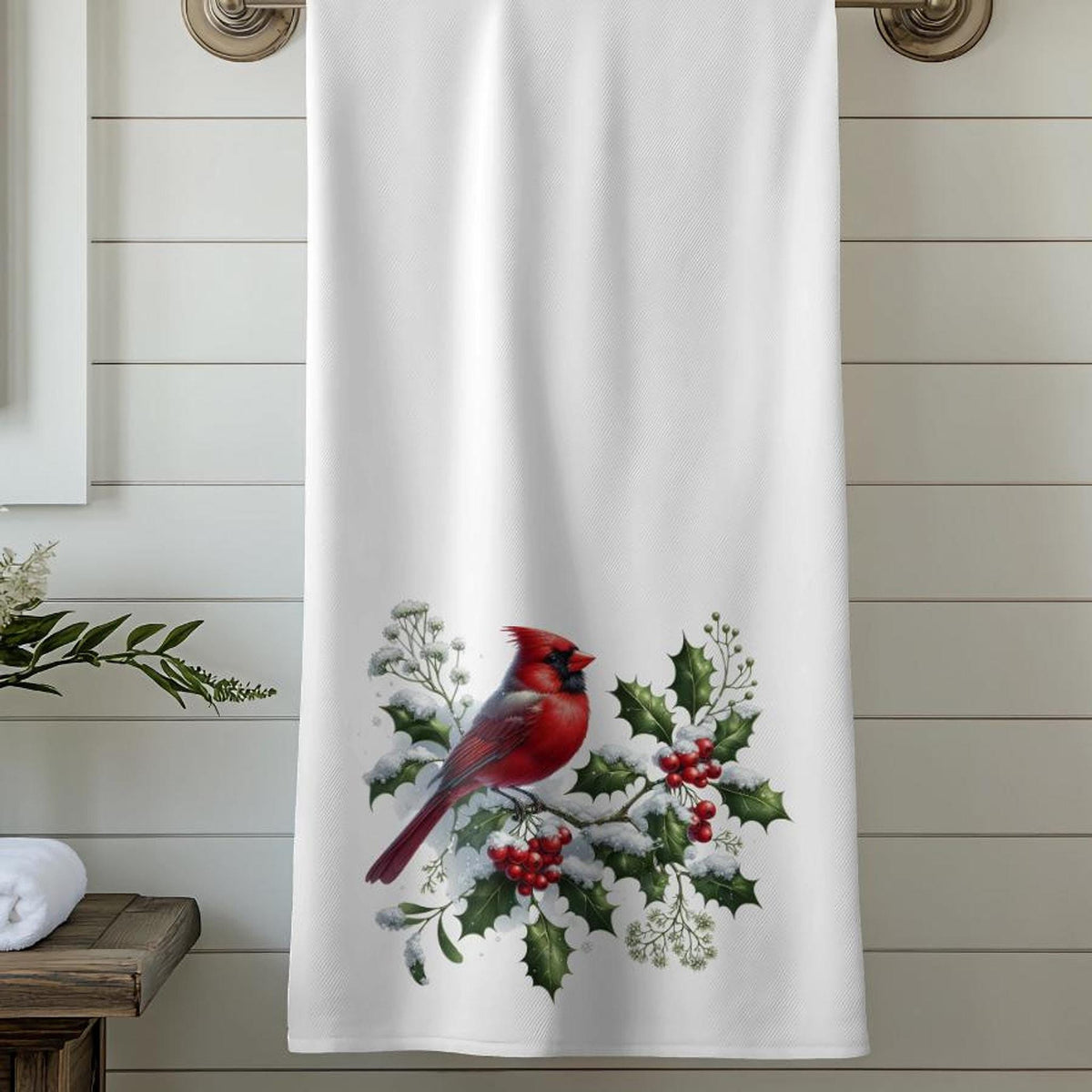 Holly Berry Cardinal Bath Towel, Winter Bathroom Decor with Red Bird