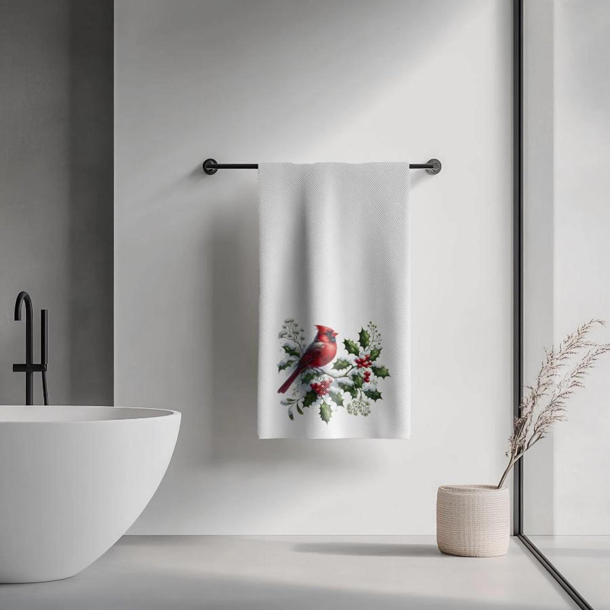 Holly Berry Cardinal Bath Towel, Winter Bathroom Decor with Red Bird