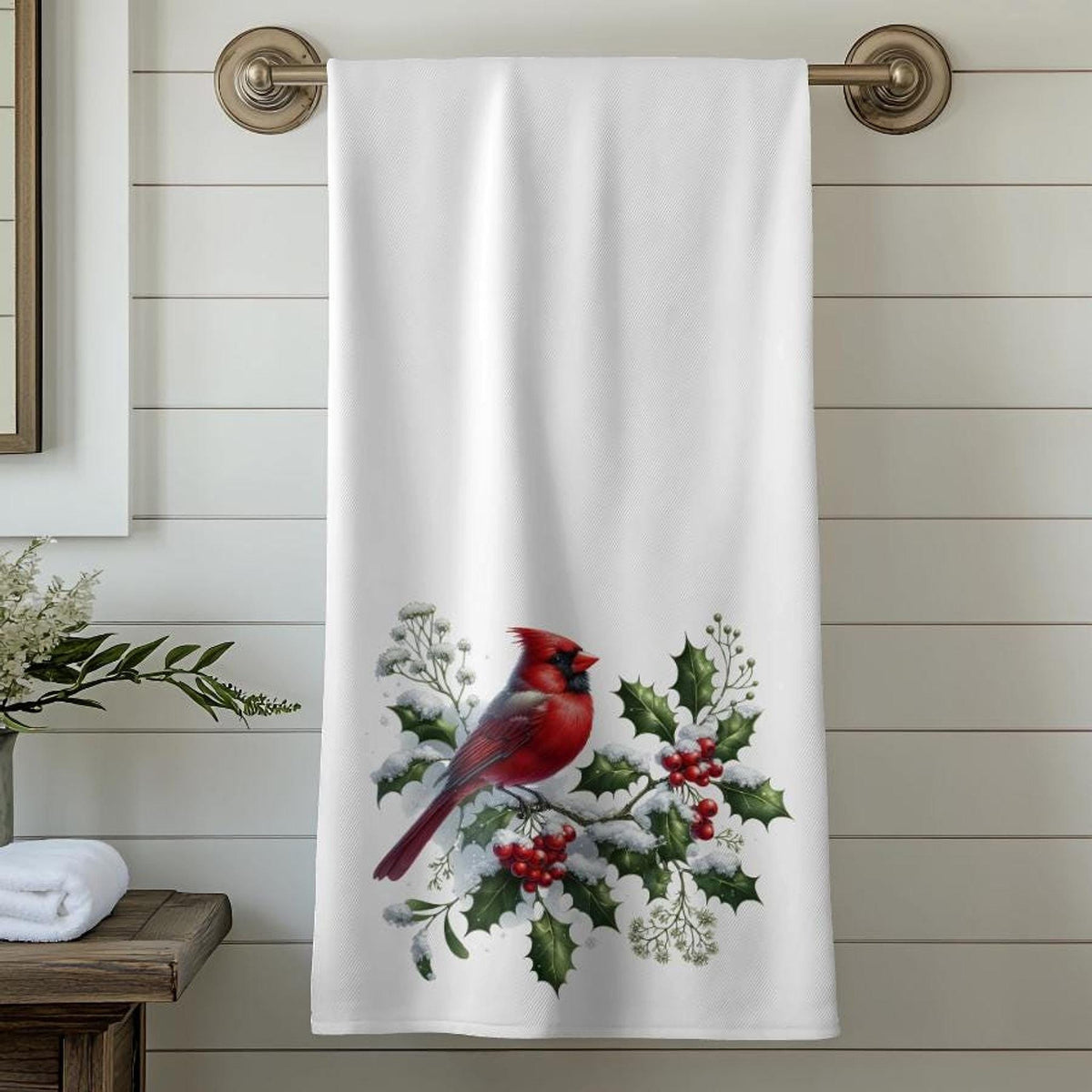 Holly Berry Cardinal Bath Towel, Winter Bathroom Decor with Red Bird