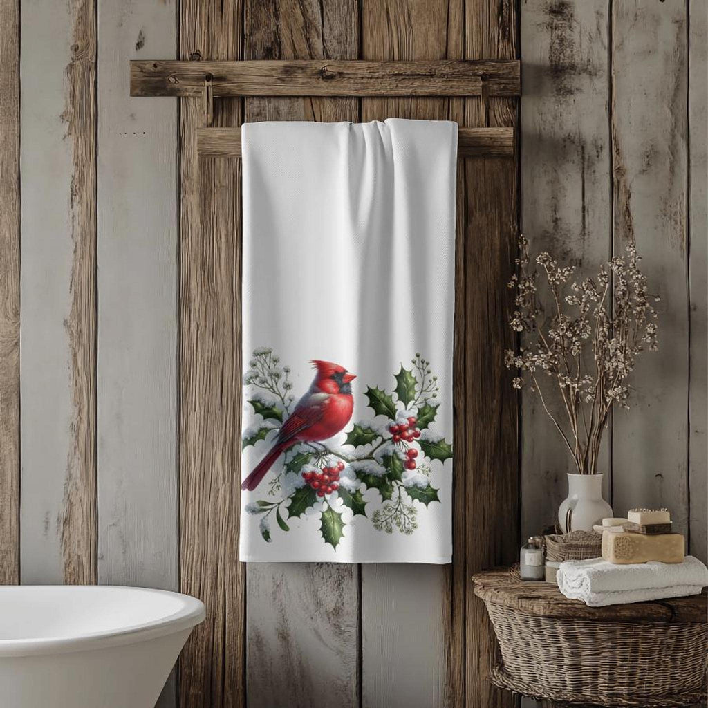 Holly Berry Cardinal Bath Towel, Winter Bathroom Decor with Red Bird