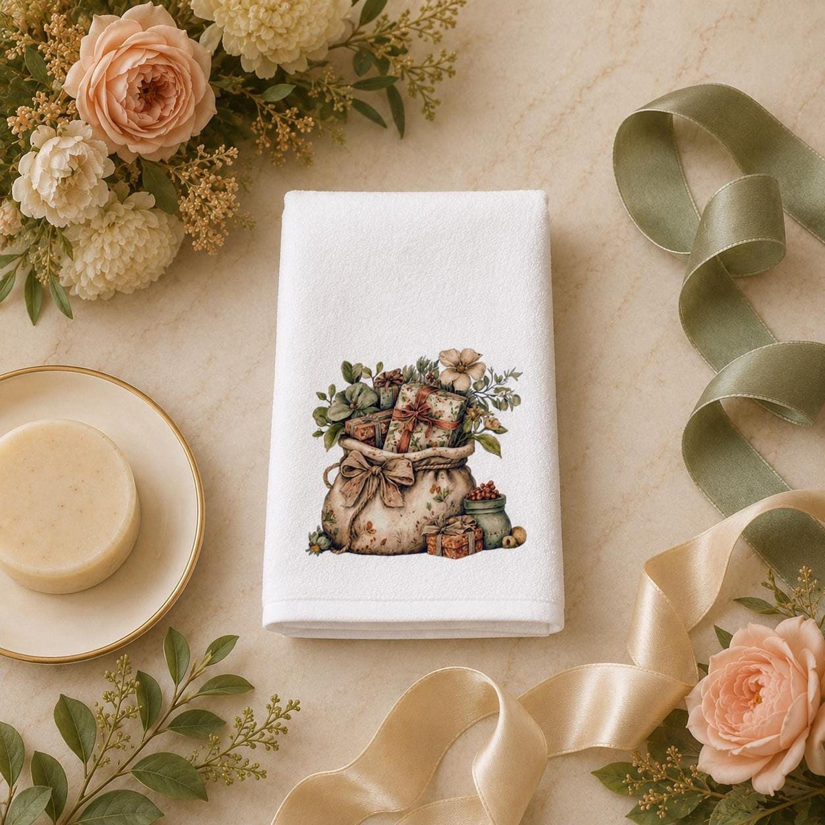 Vintage Christmas Fingertip Towel with Floral Gift Sack Design