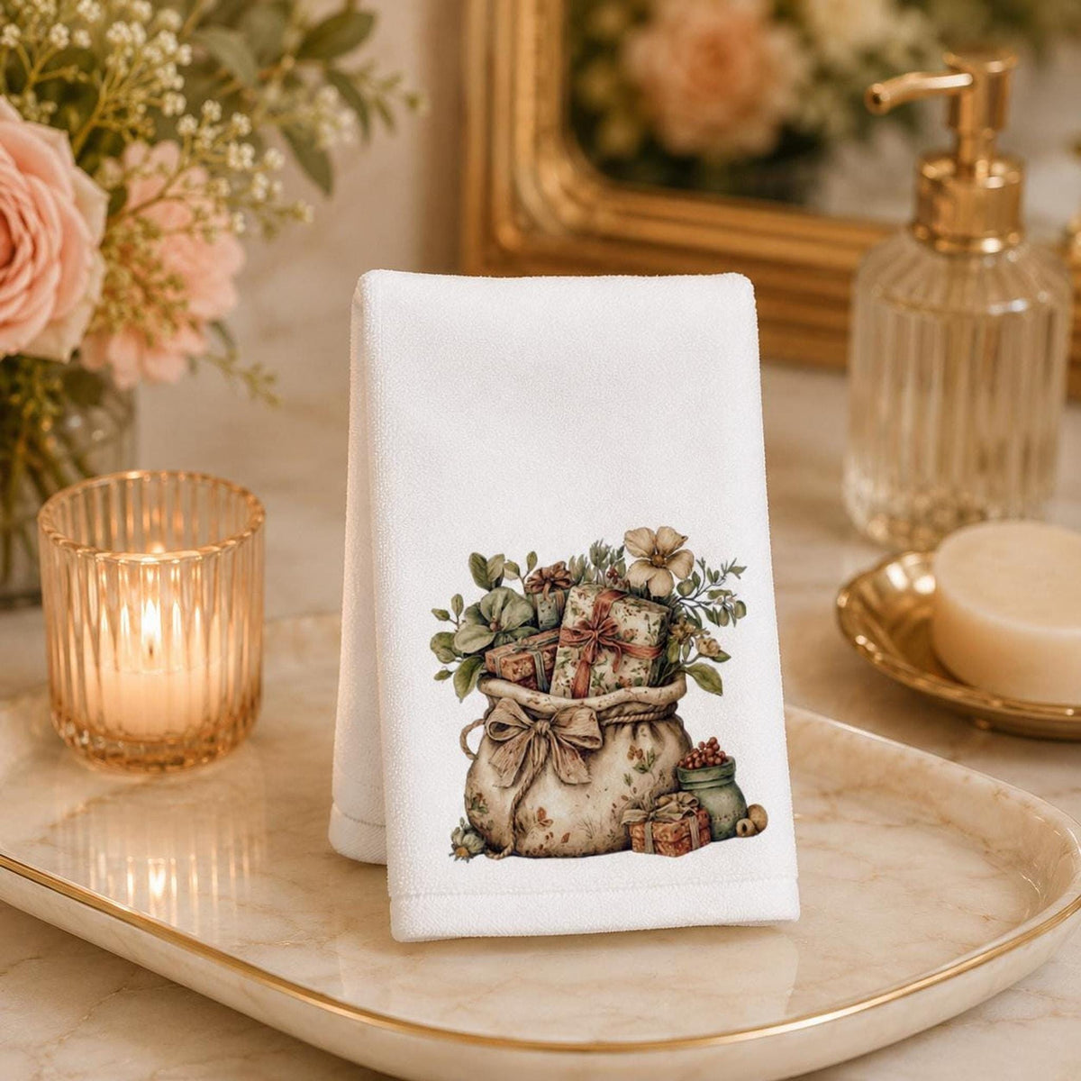 Vintage Christmas Fingertip Towel with Floral Gift Sack Design