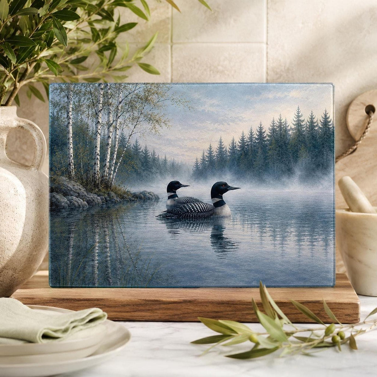 Loon Cutting Board, Tempered Glass with Scenic Lake Design