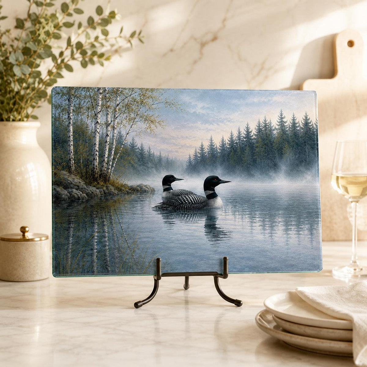 Loon Cutting Board, Tempered Glass with Scenic Lake Design