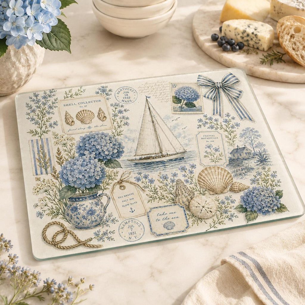 Glass Cutting Board with Hydrangeas, Nautical Charcuterie Tray