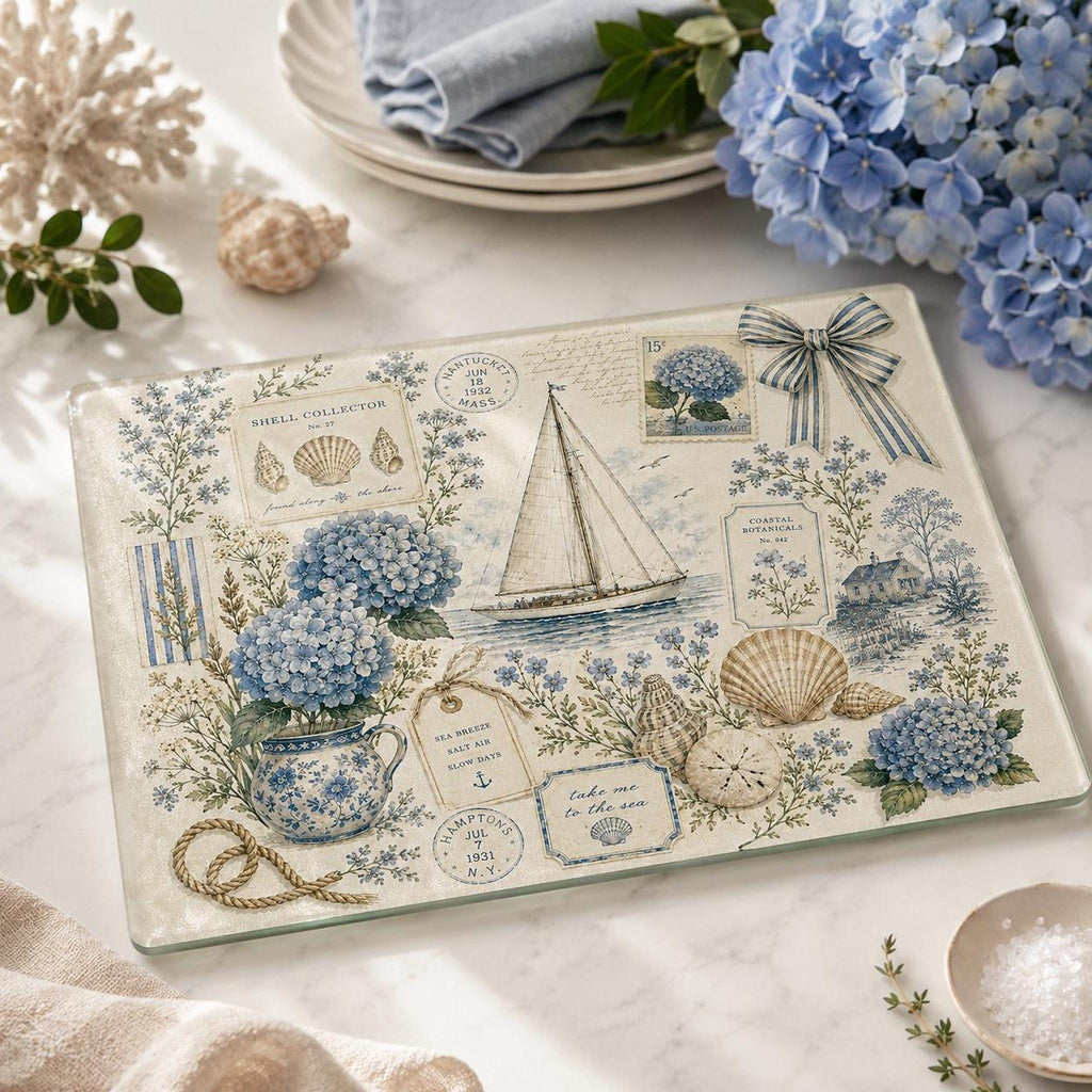 Glass Cutting Board with Hydrangeas, Nautical Charcuterie Tray