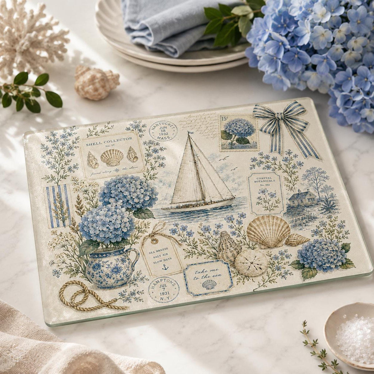 Glass Cutting Board with Hydrangeas, Nautical Charcuterie Tray