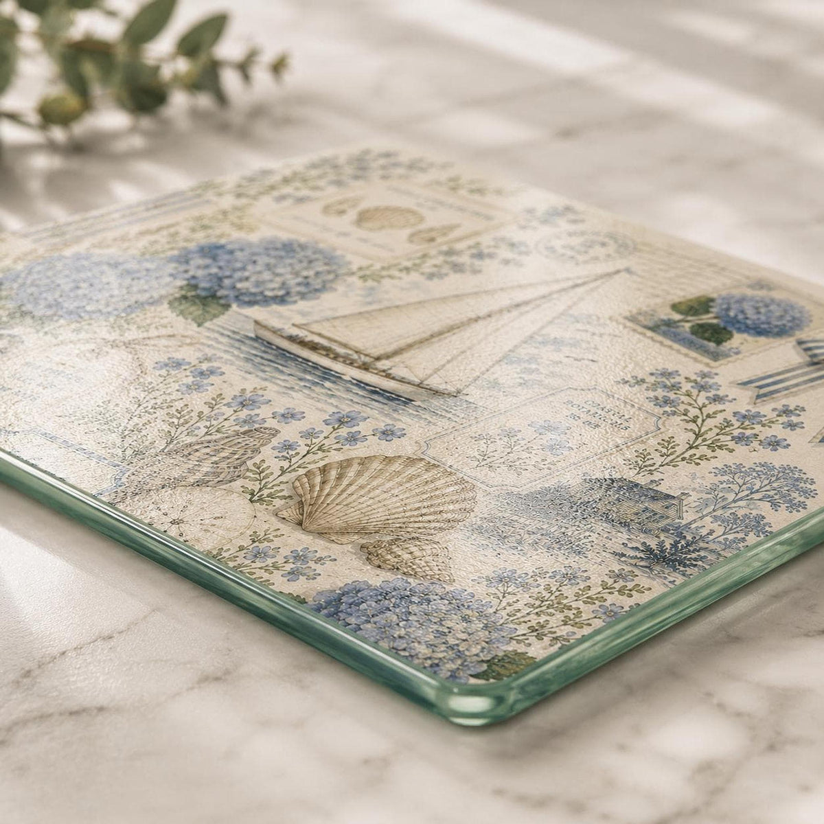 Glass Cutting Board with Hydrangeas, Nautical Charcuterie Tray