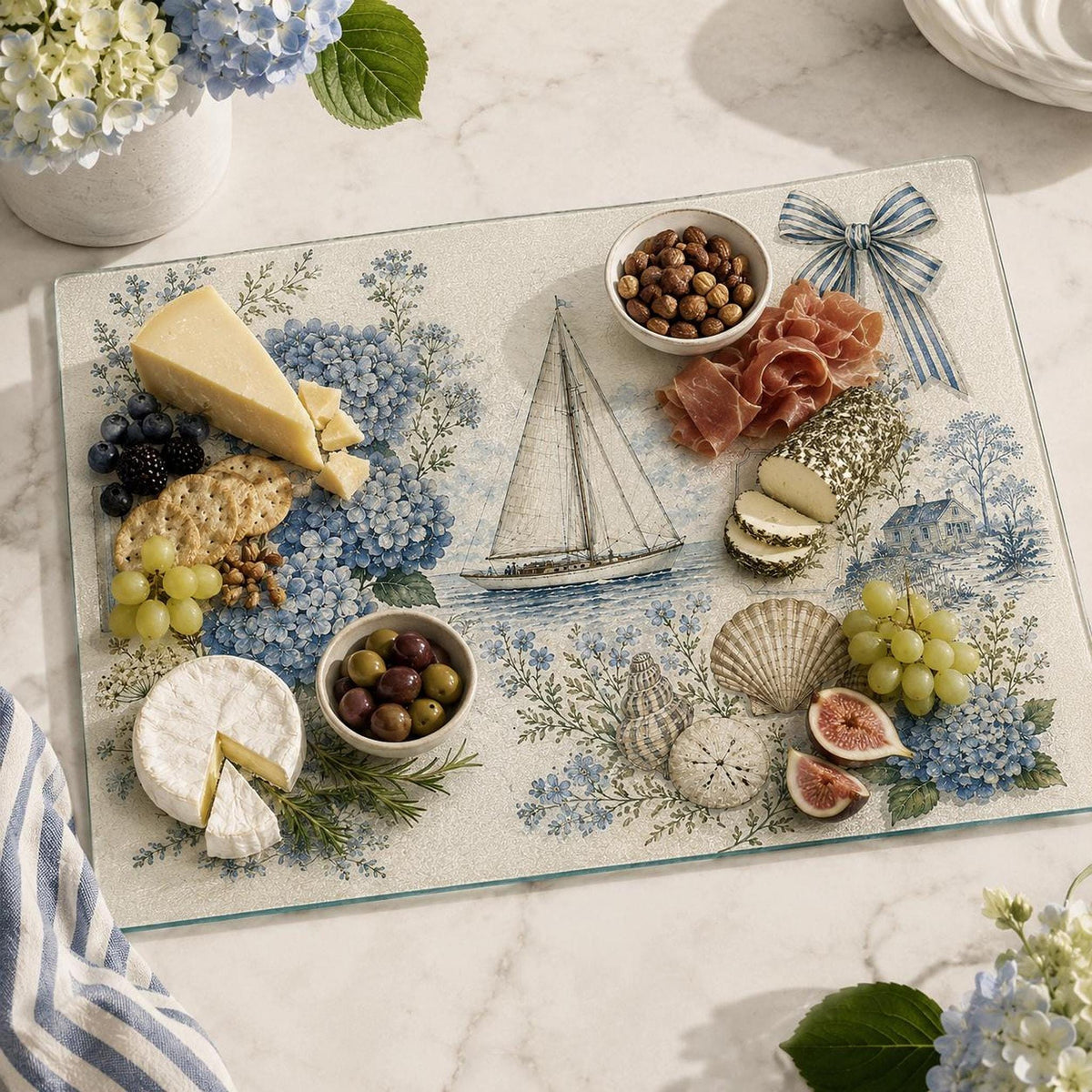 Glass Cutting Board with Hydrangeas, Nautical Charcuterie Tray