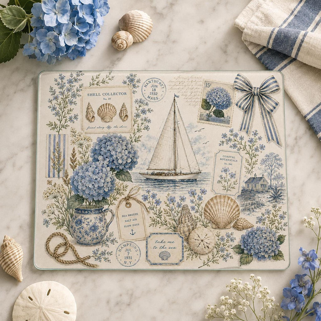 Glass Cutting Board with Hydrangeas, Nautical Charcuterie Tray