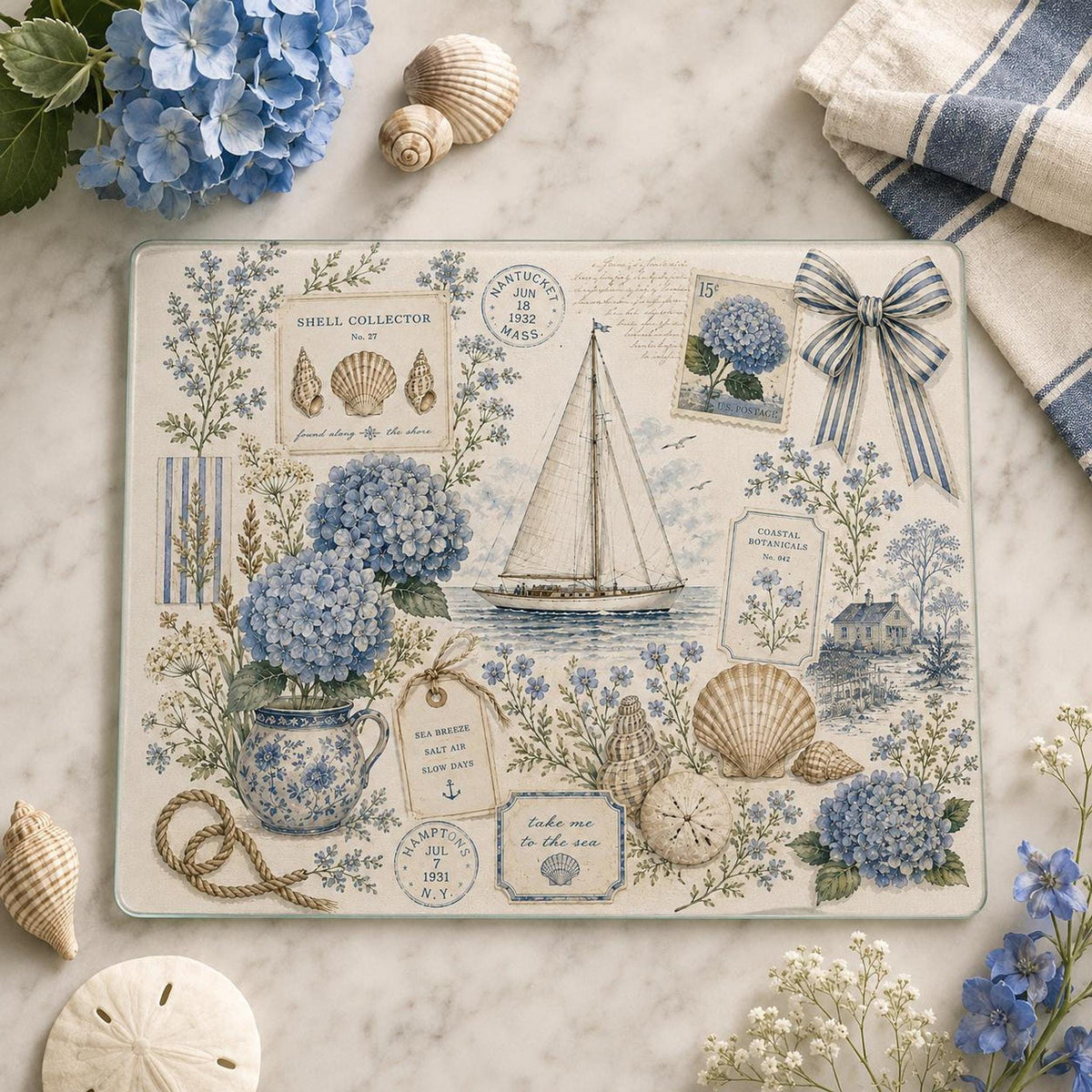 Glass Cutting Board with Hydrangeas, Nautical Charcuterie Tray