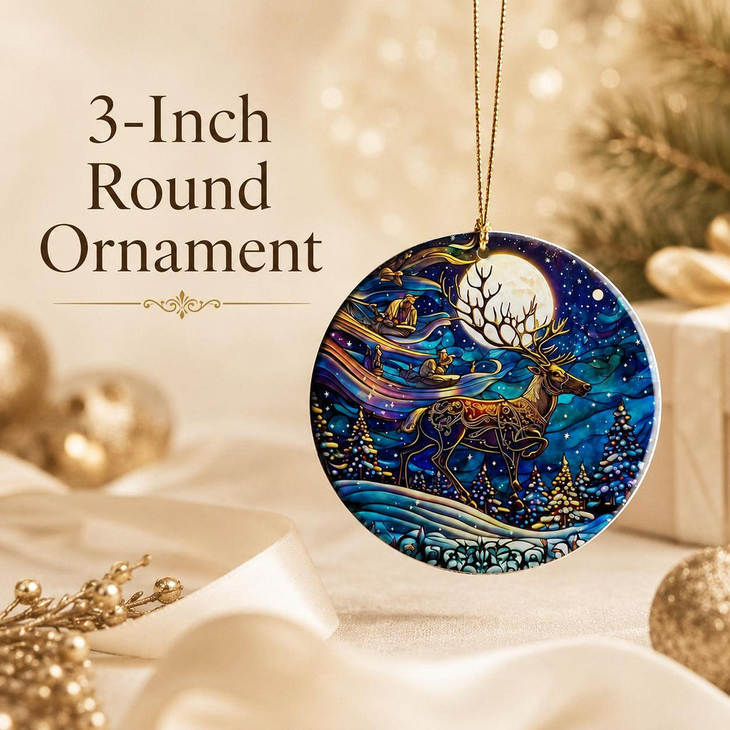 Ceramic Reindeer Ornament, Winter Wildlife Scene with Moonlit Stag
