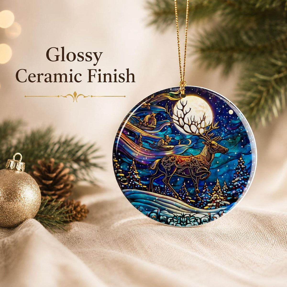 Ceramic Reindeer Ornament, Winter Wildlife Scene with Moonlit Stag