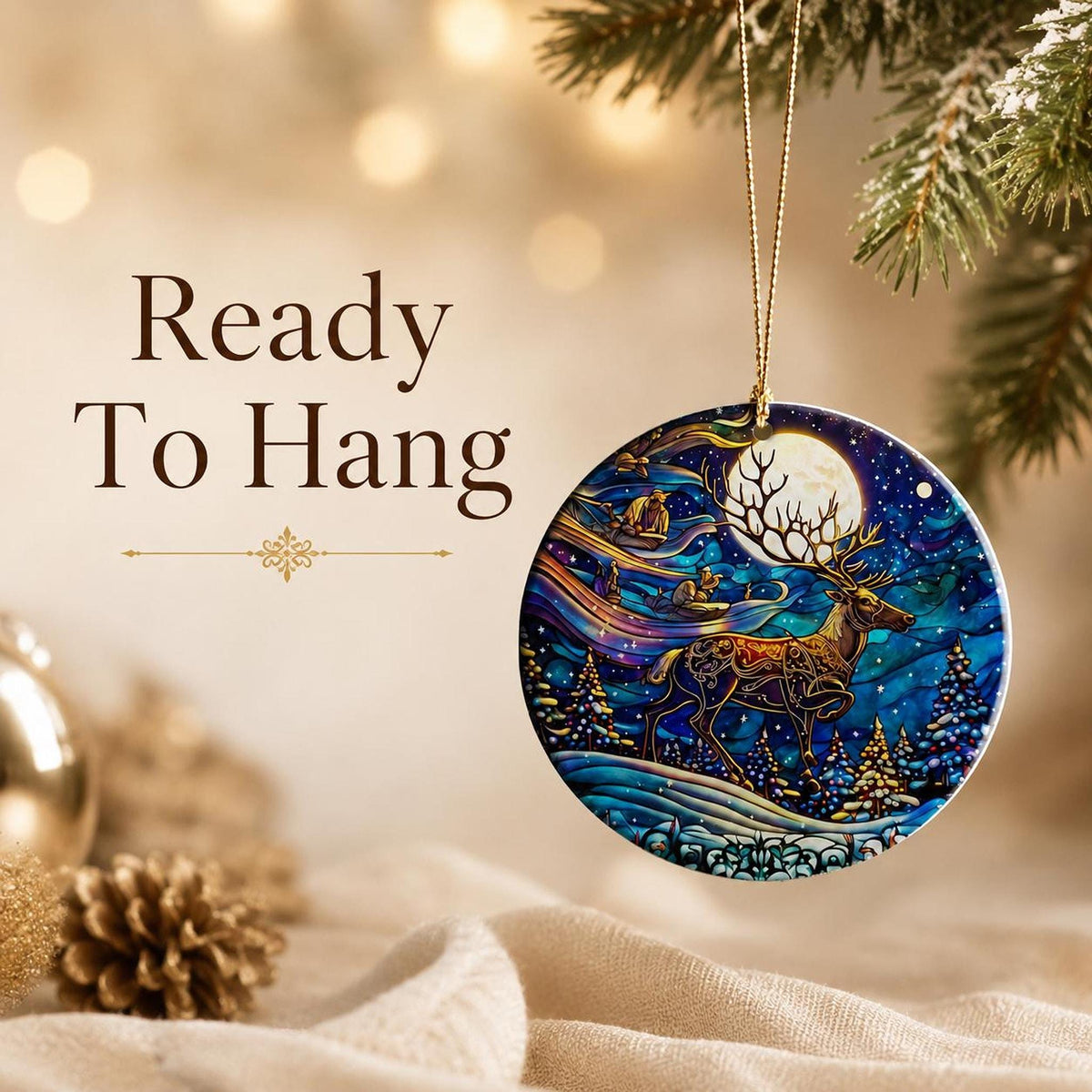 Ceramic Reindeer Ornament, Winter Wildlife Scene with Moonlit Stag