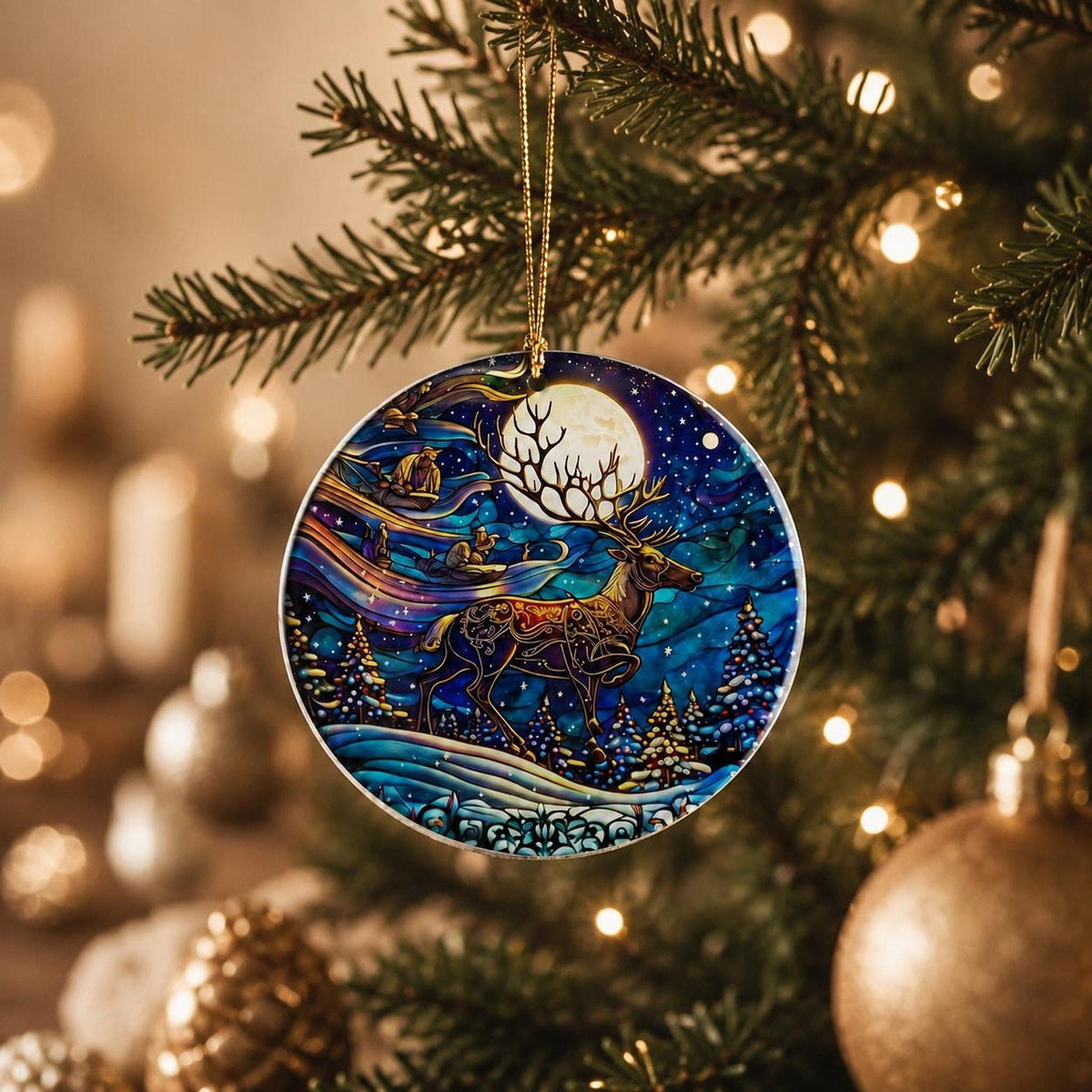 Ceramic Reindeer Ornament, Winter Wildlife Scene with Moonlit Stag