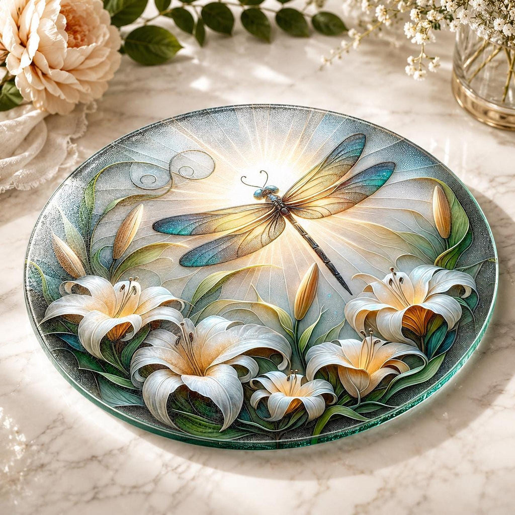 Dragonfly Gift Glass Cutting Board, Round Tempered Charcuterie Tray