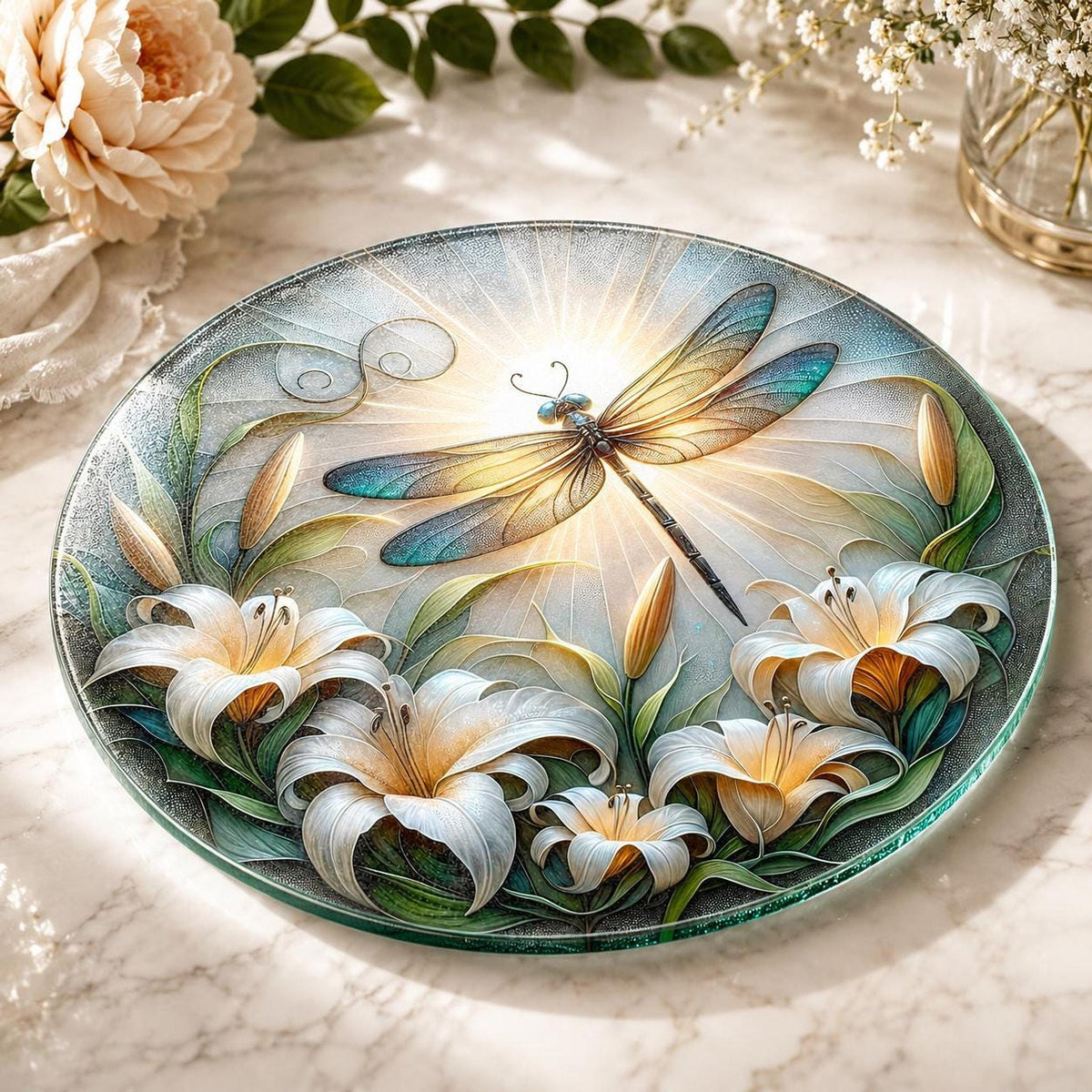 Dragonfly Gift Glass Cutting Board, Round Tempered Charcuterie Tray