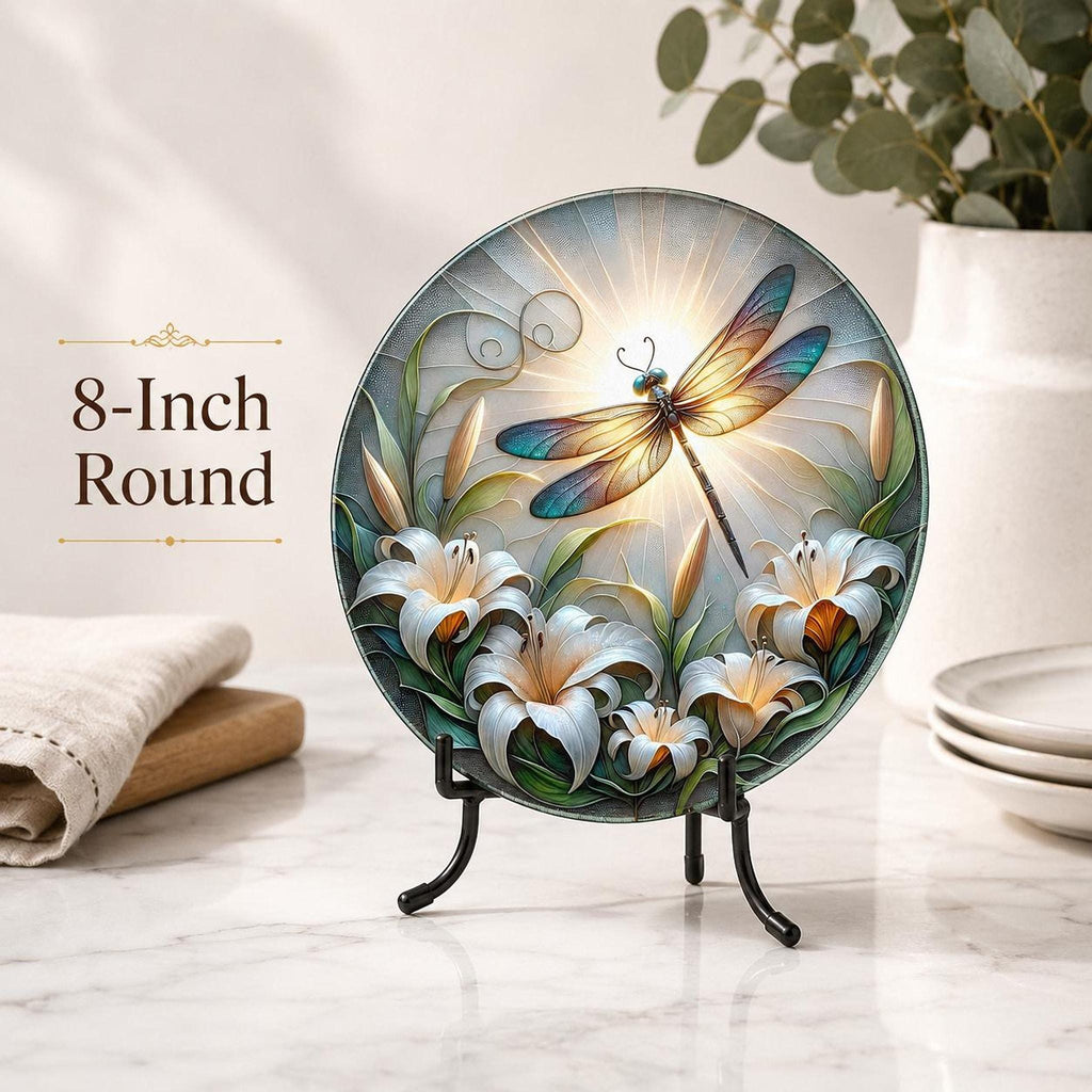 Dragonfly Gift Glass Cutting Board, Round Tempered Charcuterie Tray
