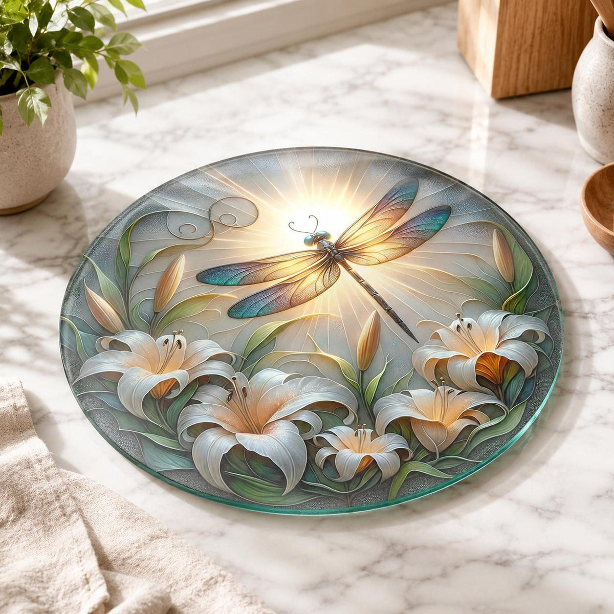 Dragonfly Gift Glass Cutting Board, Round Tempered Charcuterie Tray