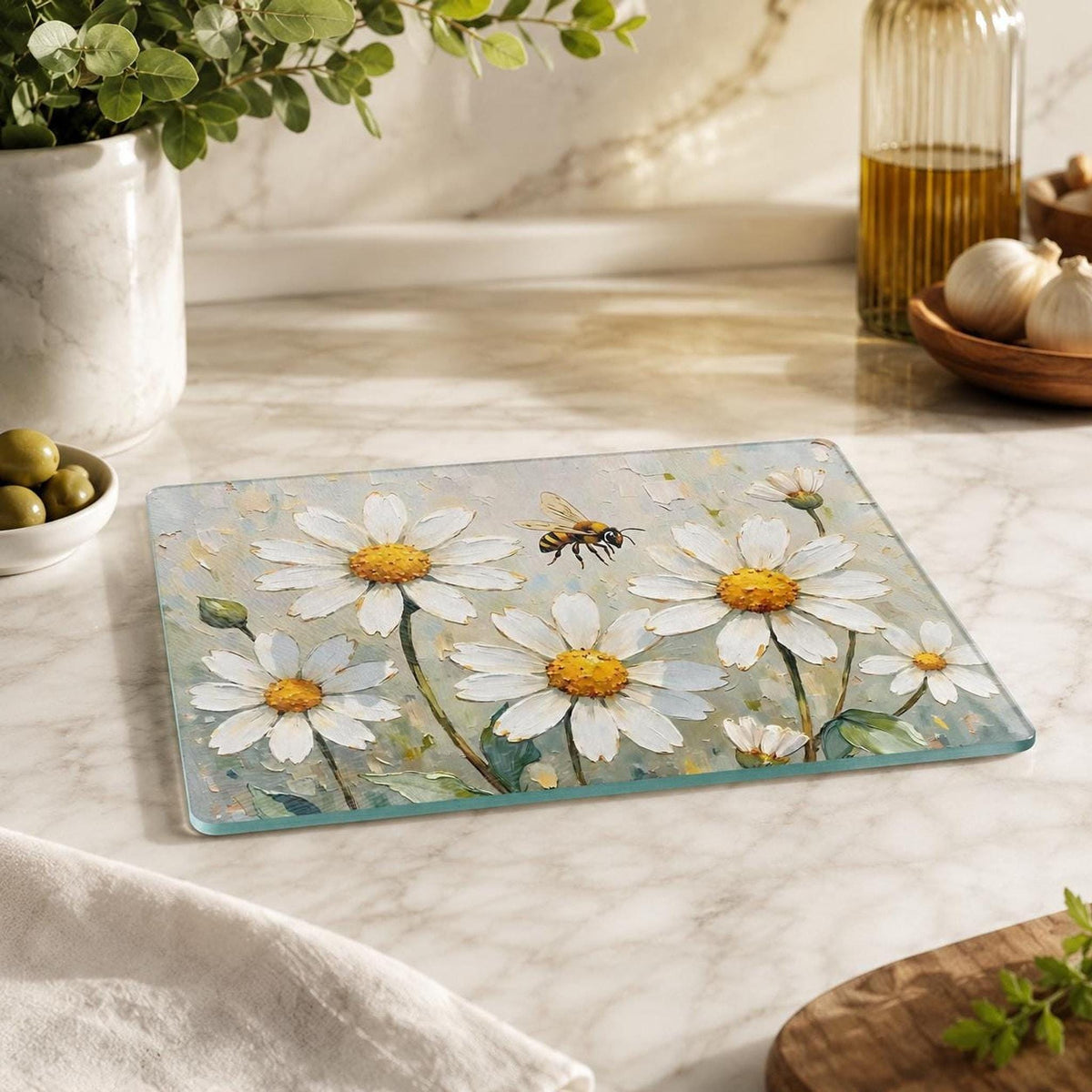 Daisy Cutting Board, Floral Tempered Glass with Bee Design