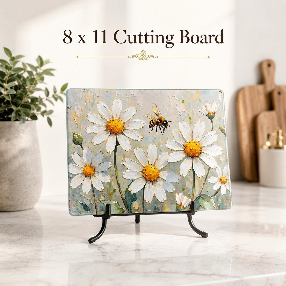 Daisy Cutting Board, Floral Tempered Glass with Bee Design