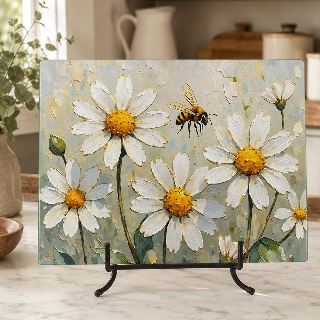 Daisy Cutting Board, Floral Tempered Glass with Bee Design