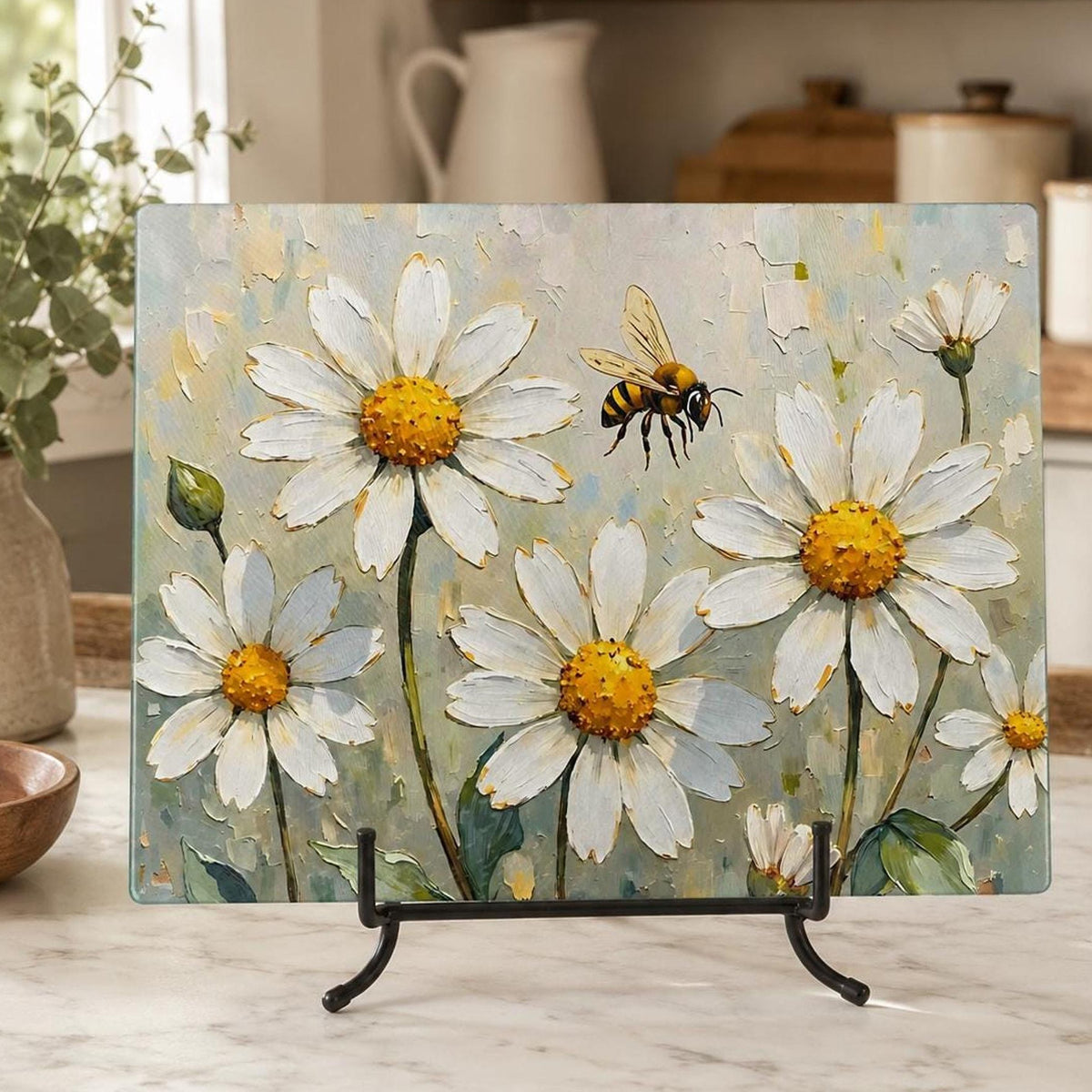 Daisy Cutting Board, Floral Tempered Glass with Bee Design