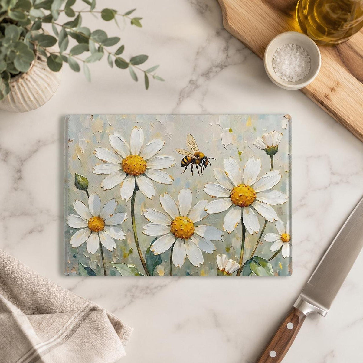 Daisy Cutting Board, Floral Tempered Glass with Bee Design