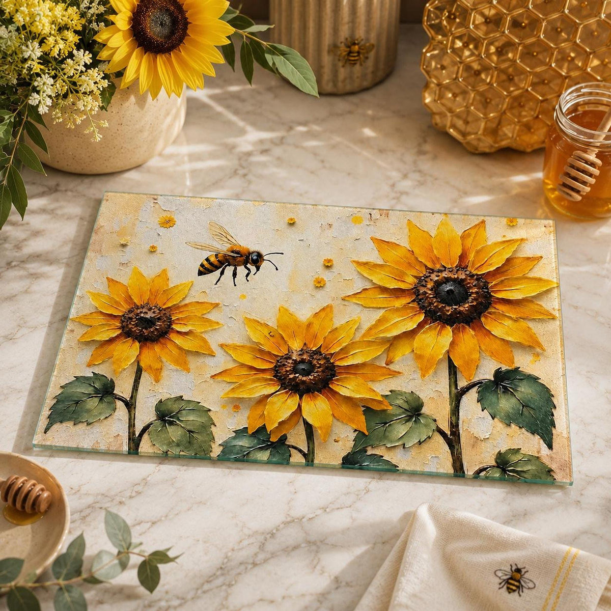 Sunflower Bee Glass Cutting Board, Tempered Charcuterie Tray