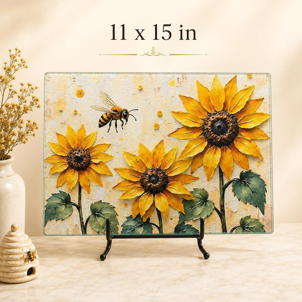 Sunflower Bee Glass Cutting Board, Tempered Charcuterie Tray